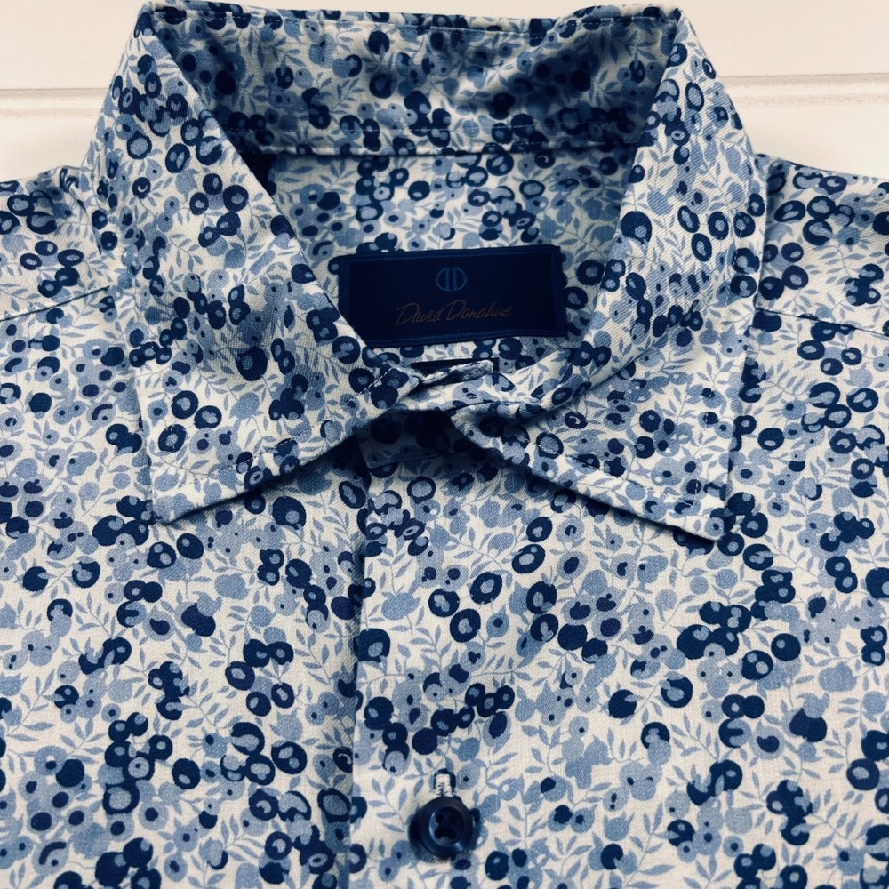 David Donahue Fusion Shirt Mens 15.5 M Blue Floral Berry Linen Cotton Blend LS